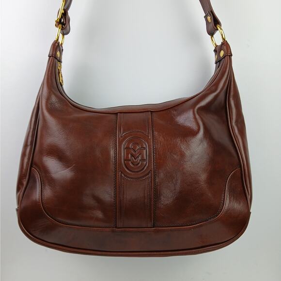 Marino Orlandi Italy VTG Large Smooth Brown Leather Shoulder Bag Brass Hardware - Picture 4 of 11